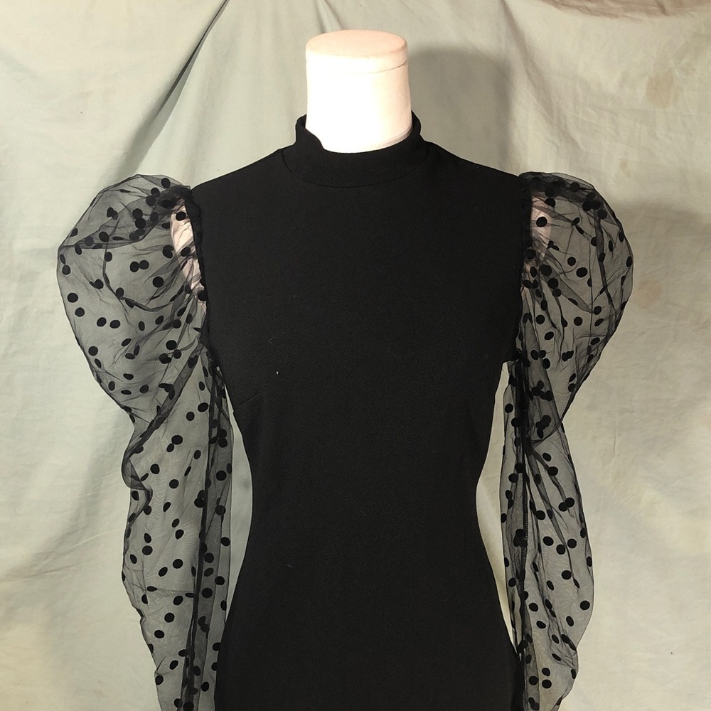 Prom Black Dress with Sheer Polka Dot Mesh Sleeves Size Small - Picture 14 of 16